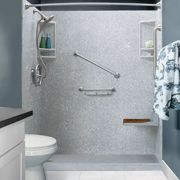 Walk in shower with blue-gray base