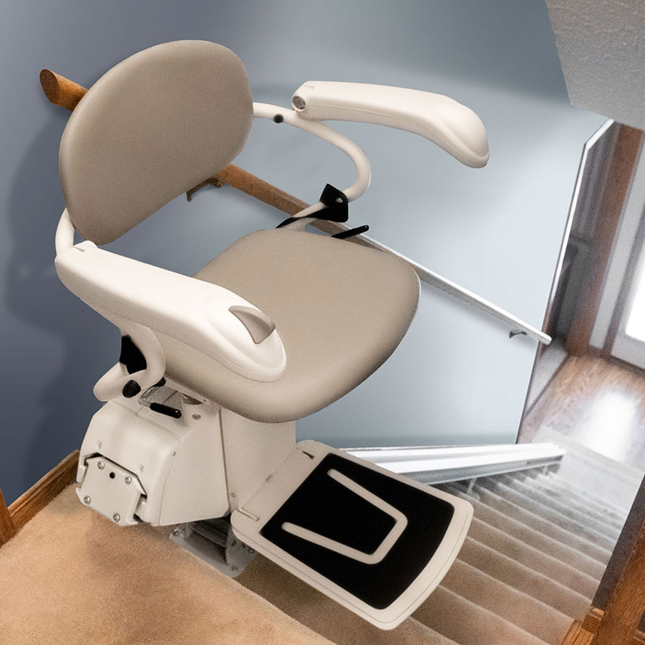 Photo of a Leaf Home Safety Solution's newly installed chair lift system