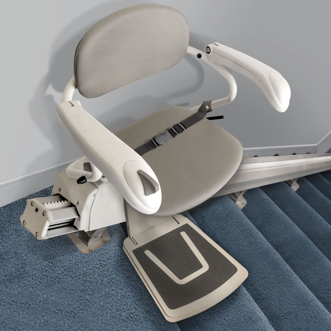 Photo emphasizing the footrest available on the stair lift model by Leaf Home Safety Solutions