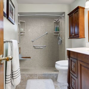 A warm photo of a newly installed Leaf Home Safety Solutions walk-in shower